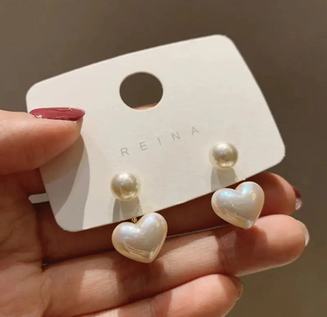 Minimal Korean Pearl Heart Stud Earrings